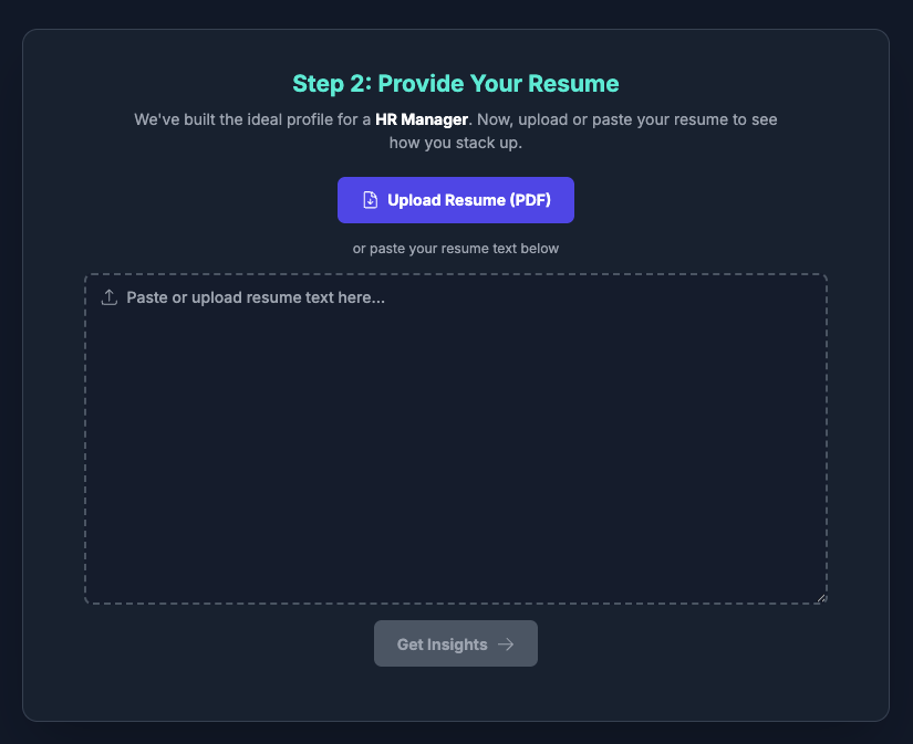 Screen to upload your current resume