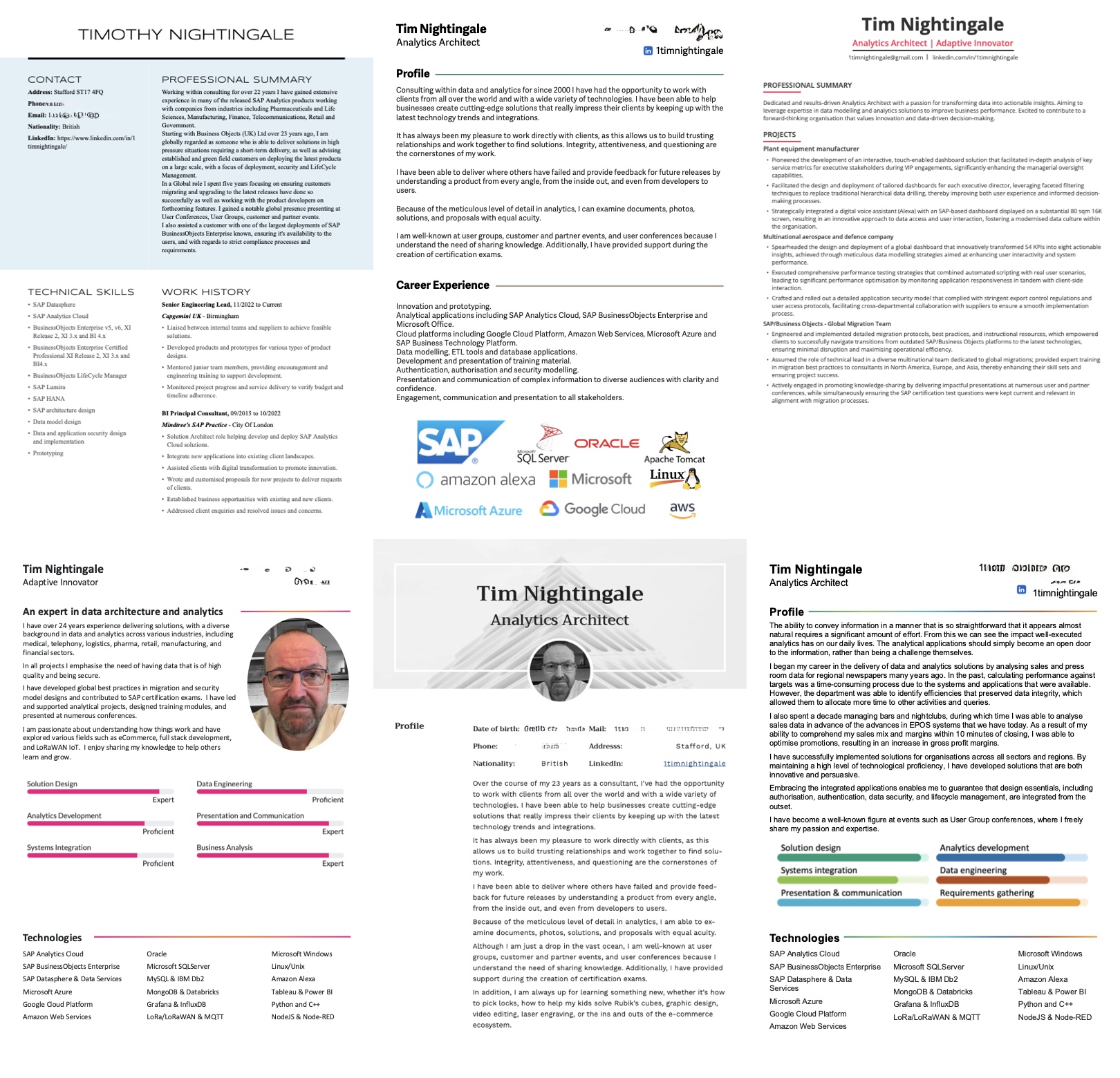 Front pages from my previous CV documents