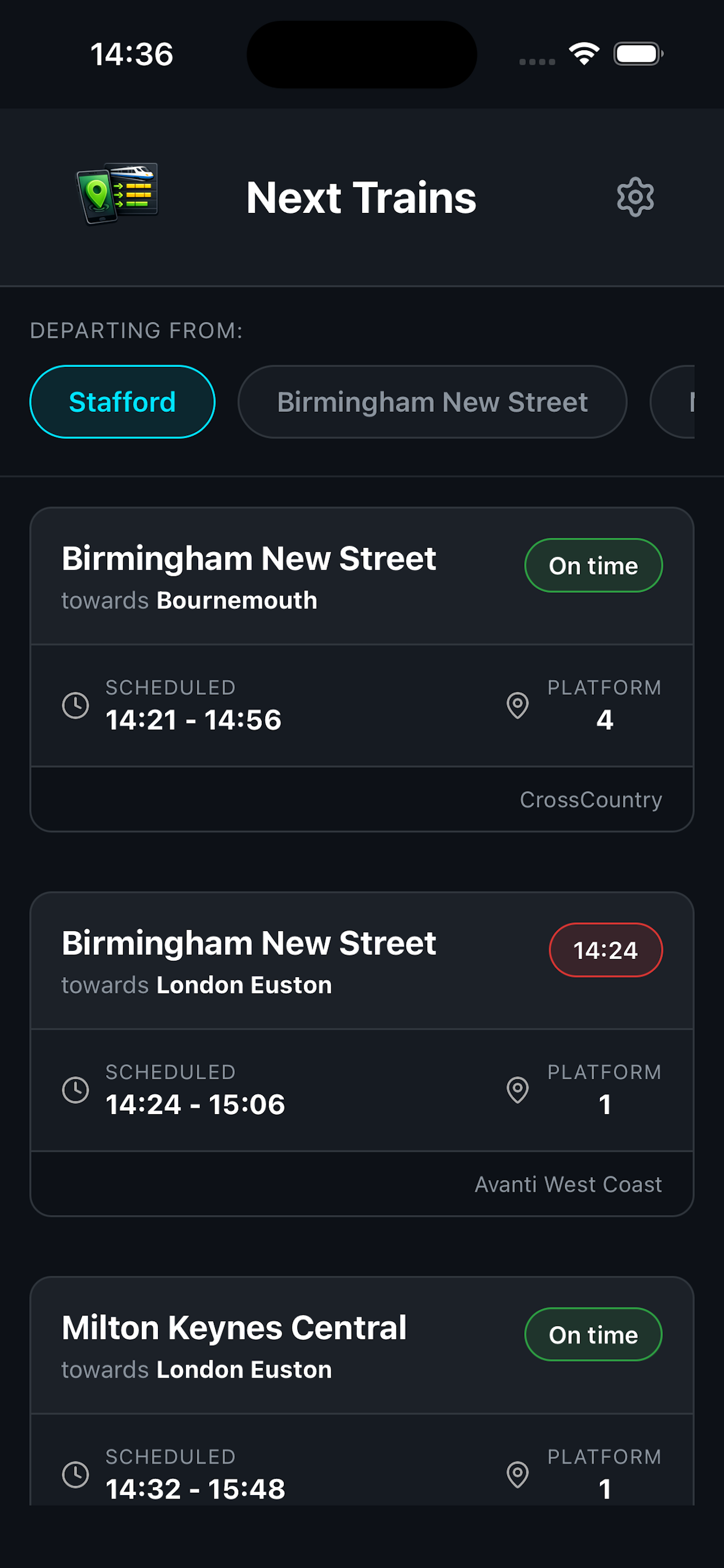 Next Trains showing live departures from Stafford