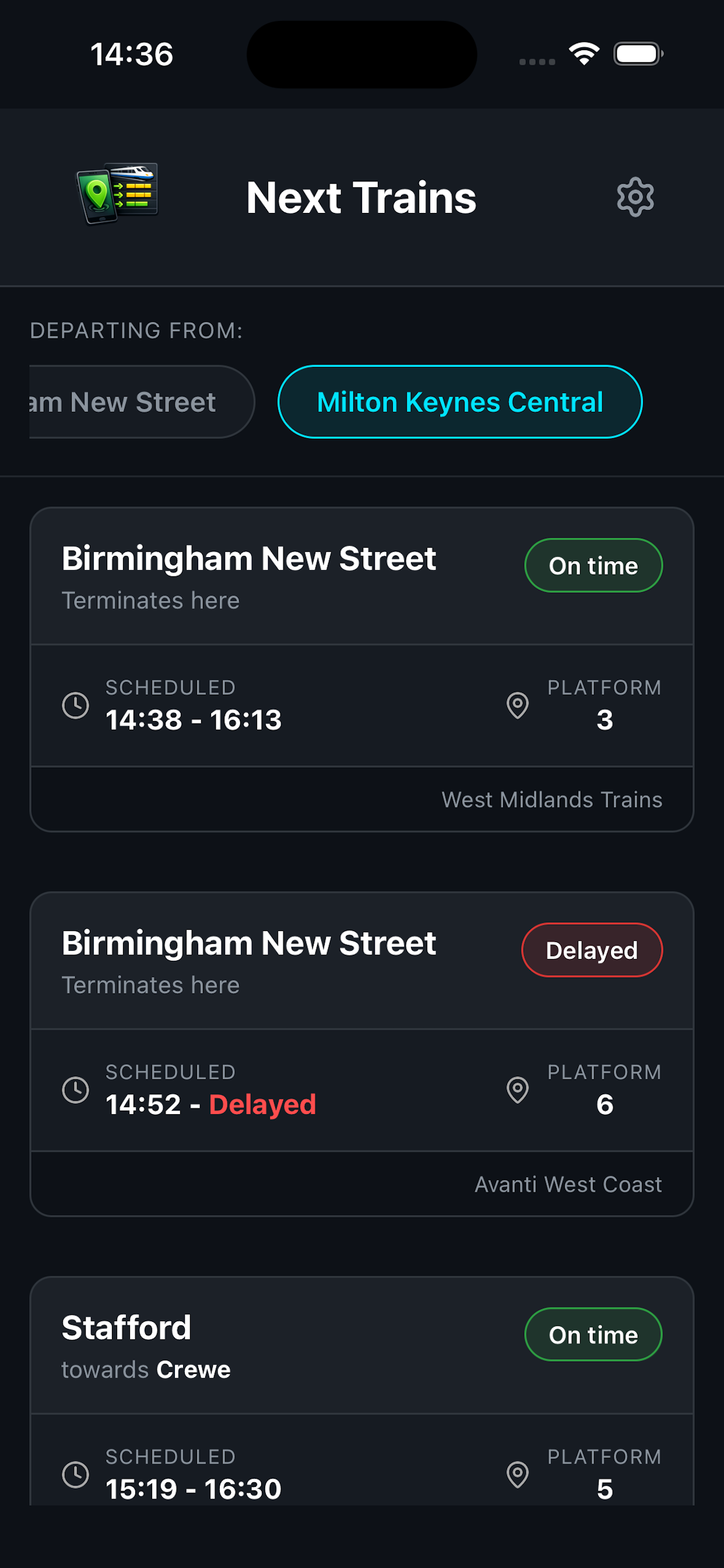 Next Trains showing live departures from Milton Keynes Central