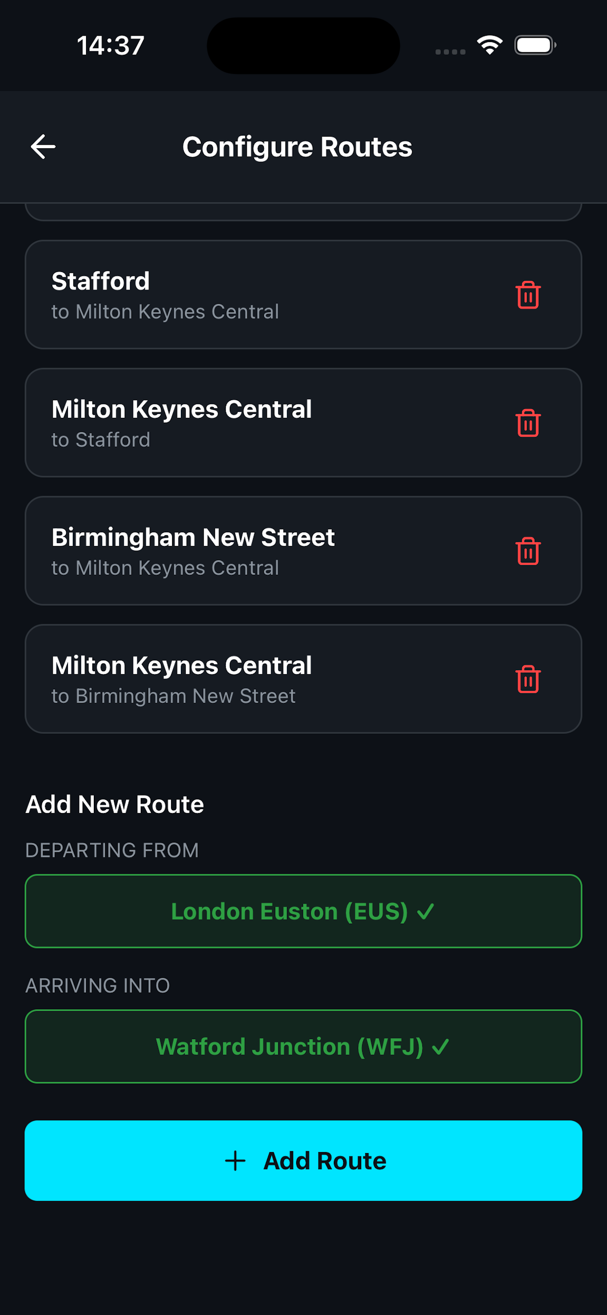 Next Trains route configuration screen for London Euston to Watford Junction