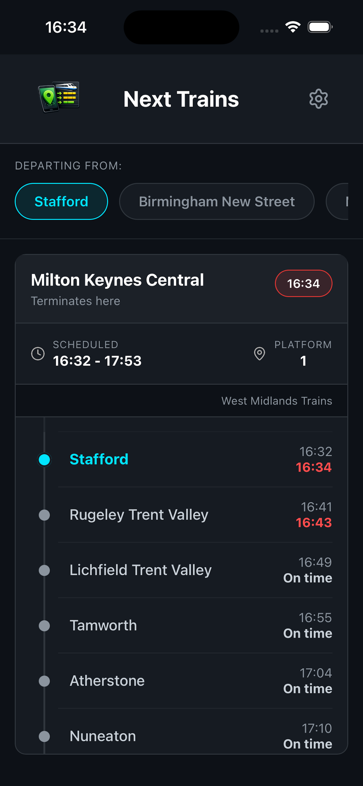 Next Trains route showing stopping points